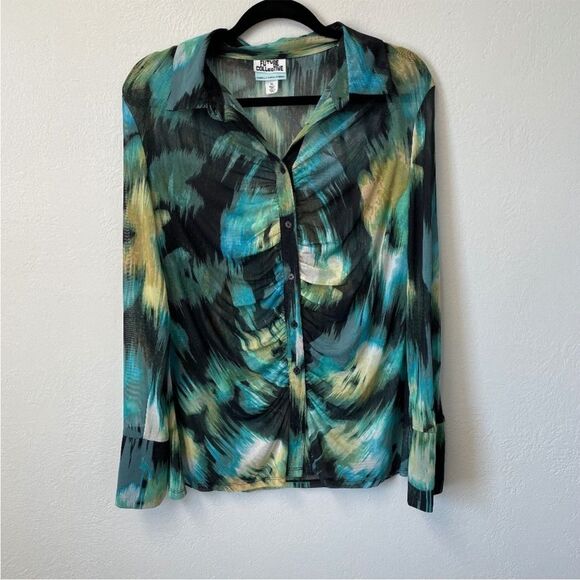WOMENS LONG SLEEVE TOP BUTTON UP RUCHED TIE DYE SEMI SHEER FUTURE COLLECTIVE M - Picture 1 of 10